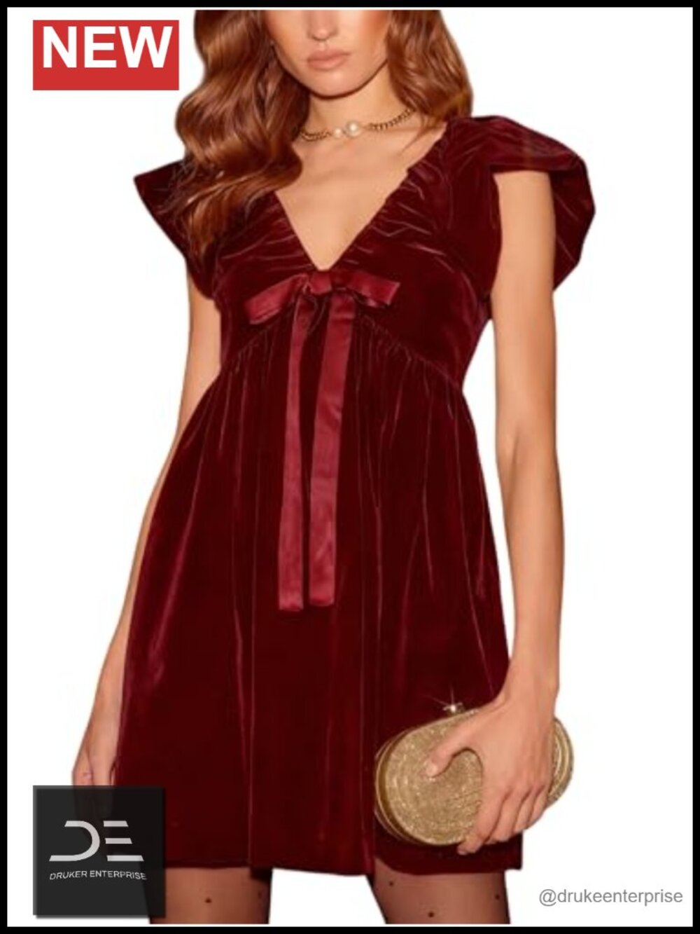 Women's Velvet Deep V Neck Mini Dress with Bow and Pockets